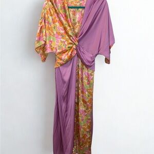 ODDY Purple and Floral Kimono Knot  Dress